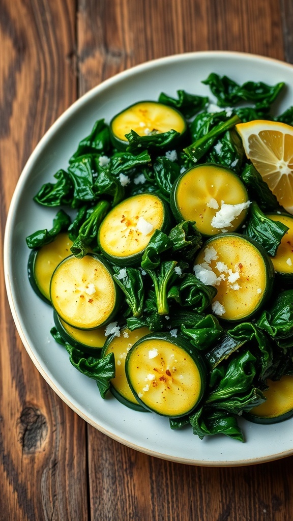 Sautéed zucchini and kale with Parmesan cheese on a rustic table.